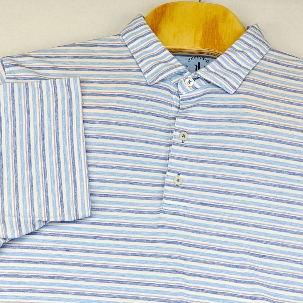 JOHNNIE-O Men's Top Shelf Polo Shirt XL Blue Stripe Short Sleeve Polyester Blend